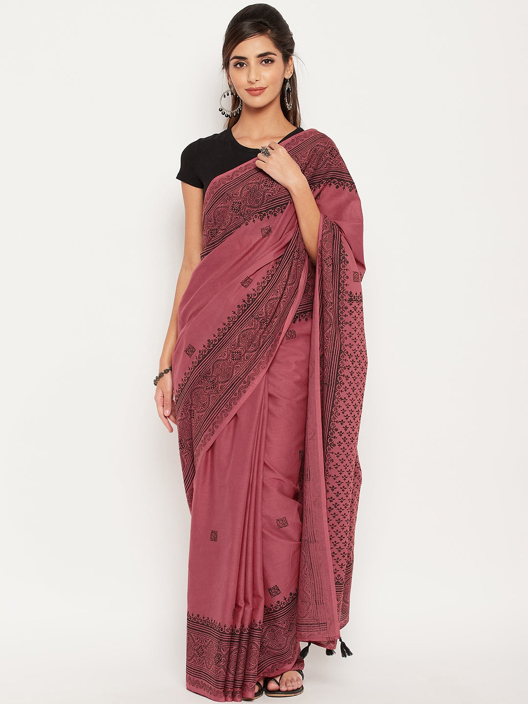 Maroon hand block printed cotton saree