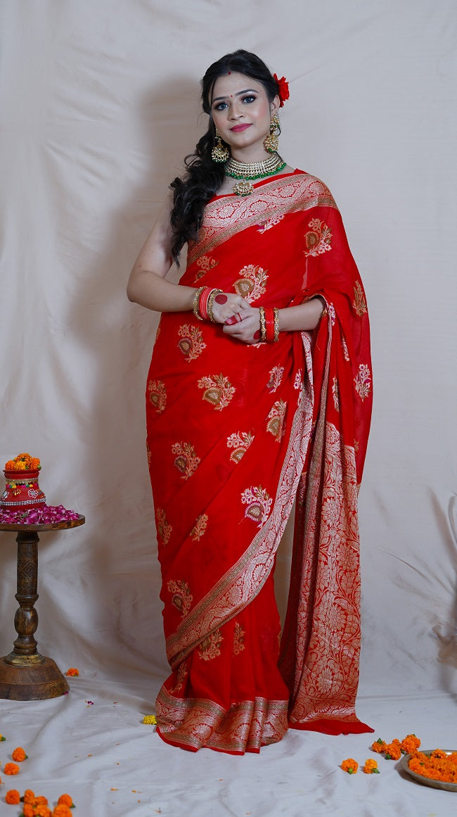 Crimson Red Soft Banarasi Silk Saree – Ethnos