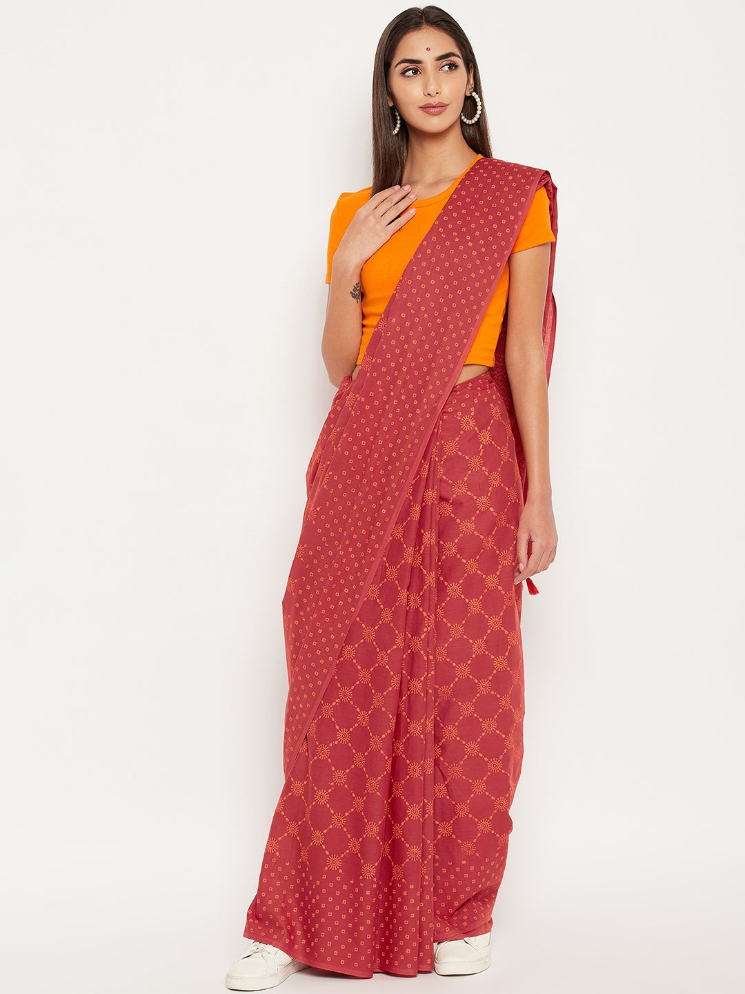 Red hand block printed cotton saree