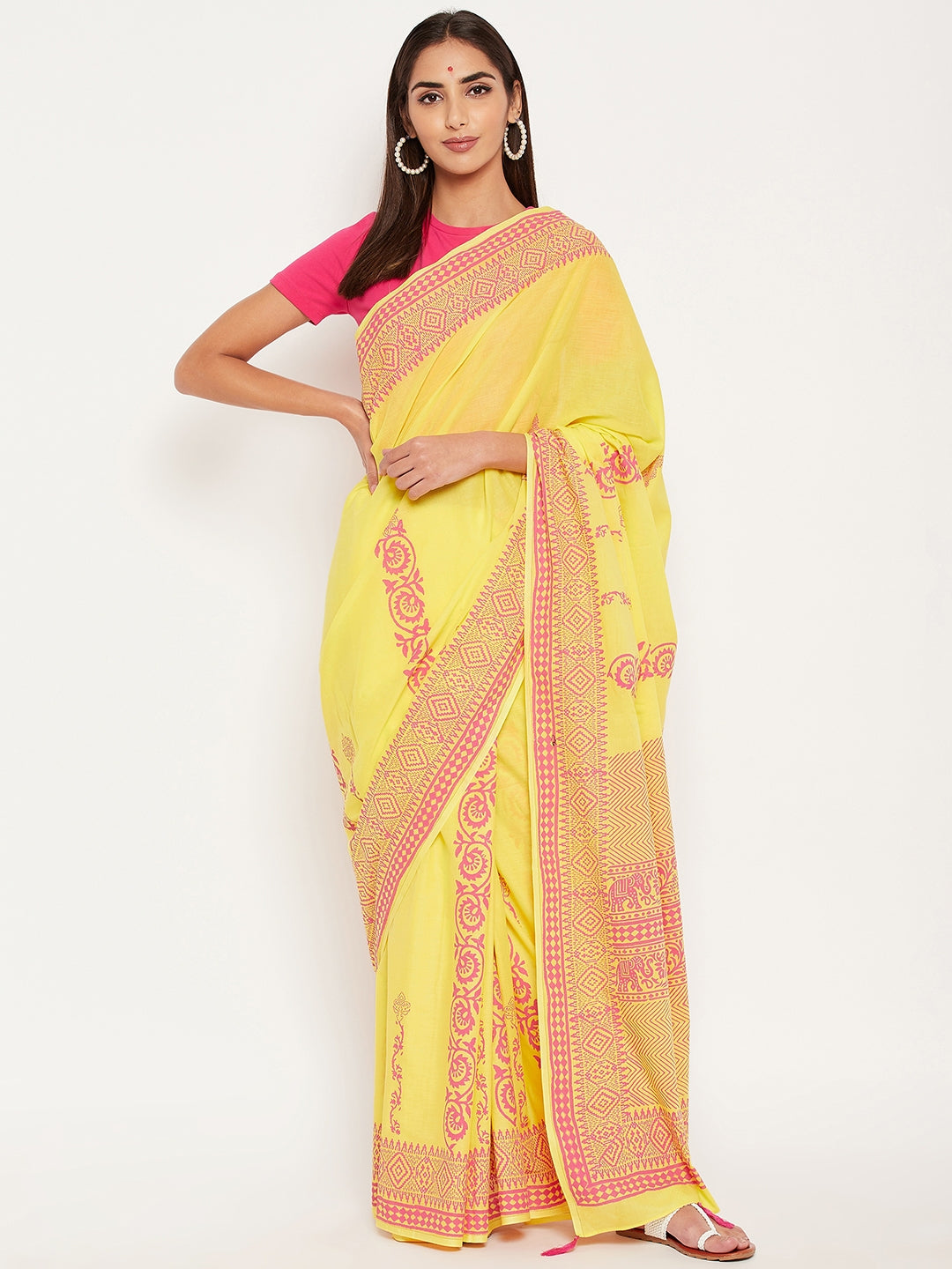 Yellow hand block printed cotton saree