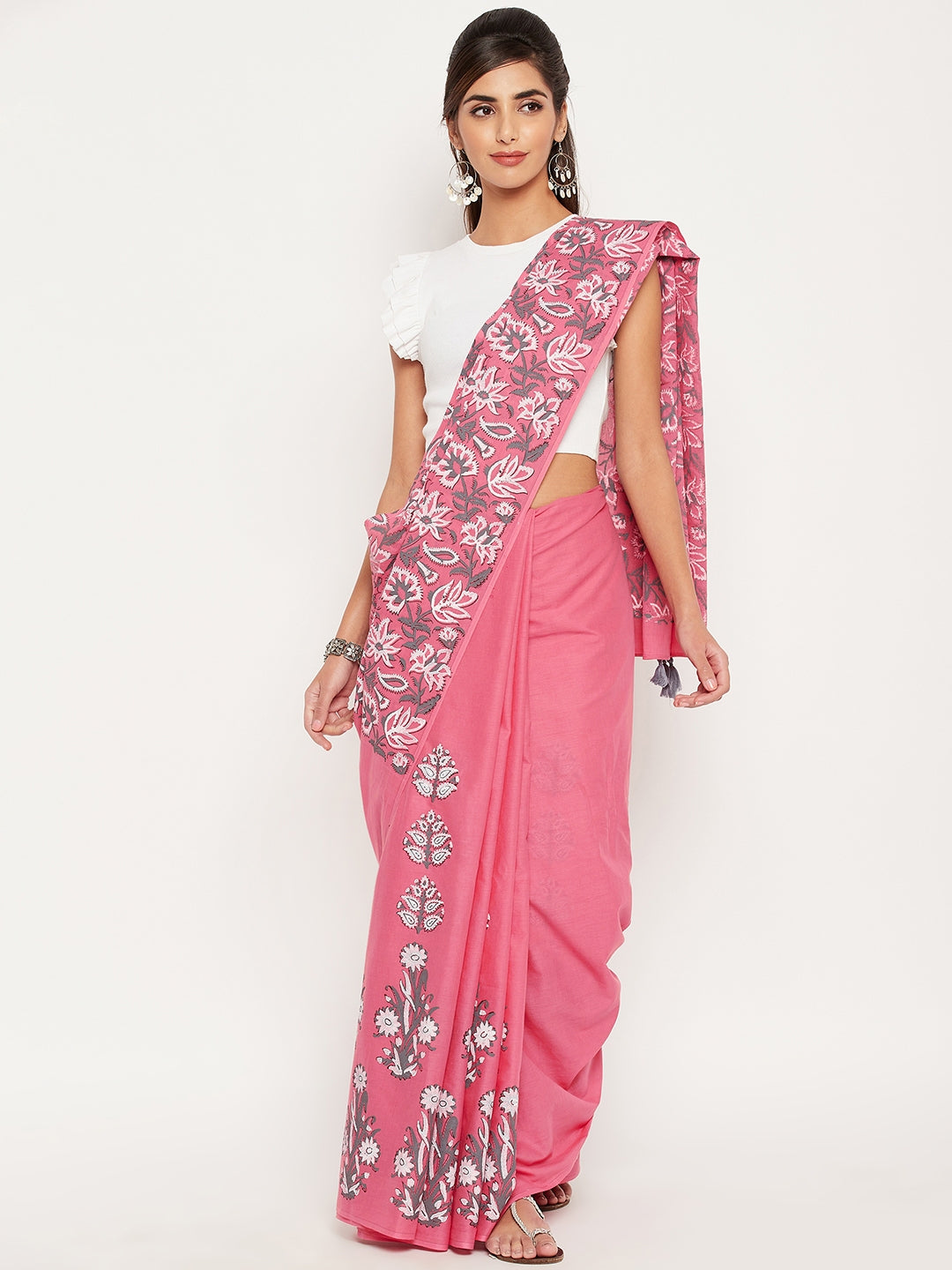 Pink floral hand block printed cotton saree