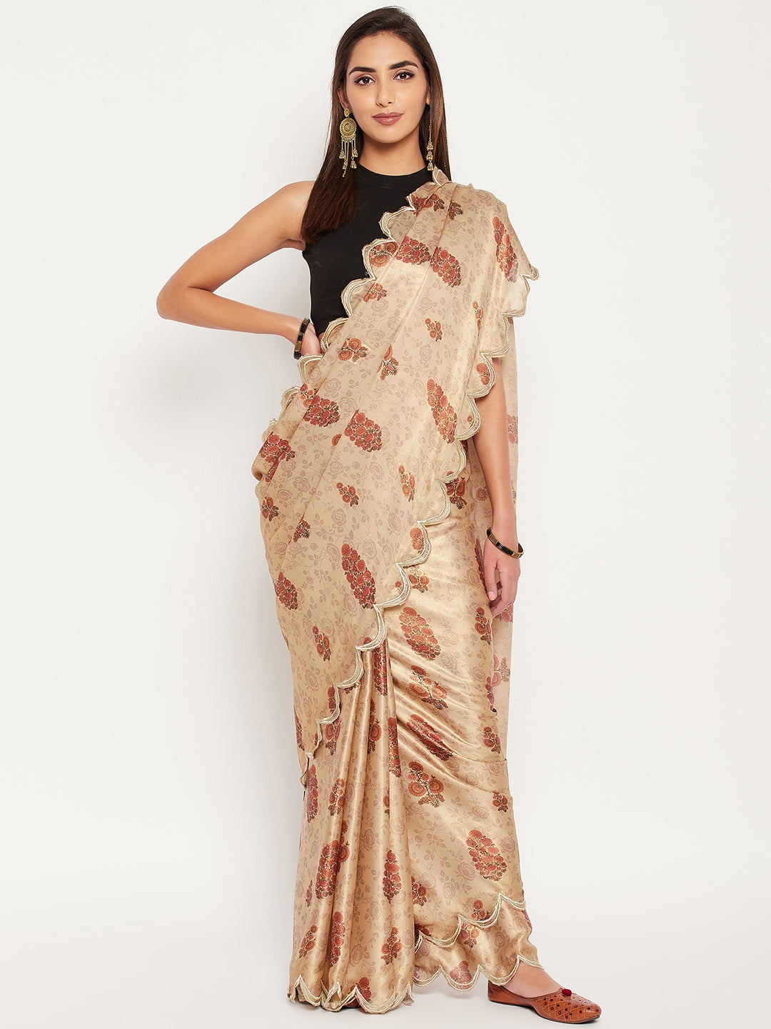 Beige digital print saree with multicolored floral motifs