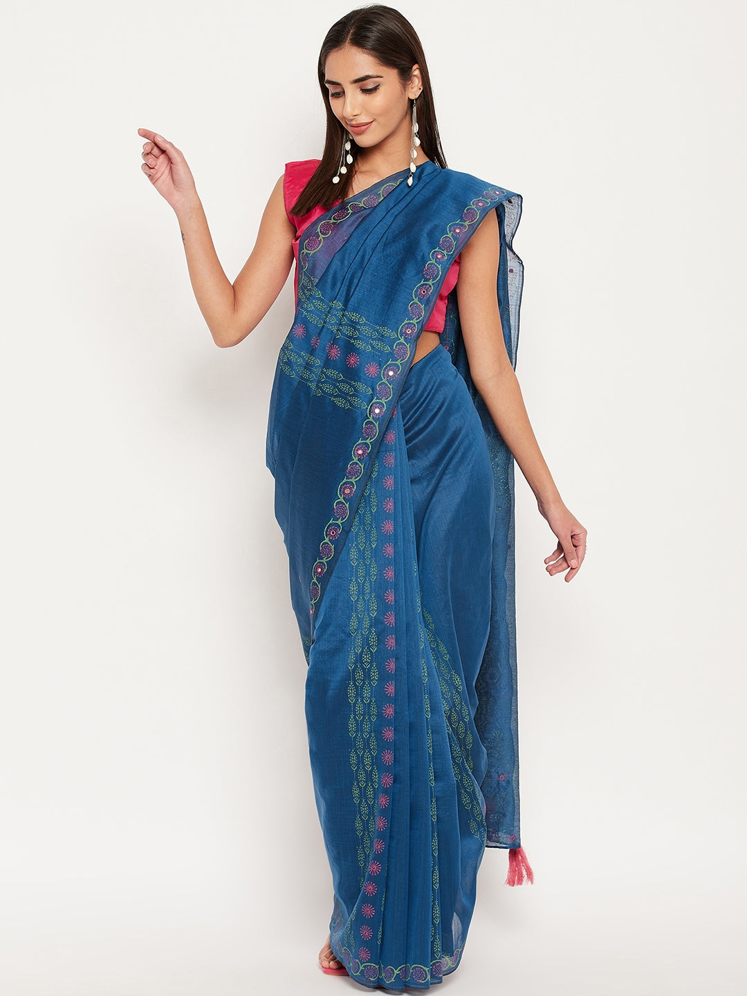 Blue hand block printed semi silk saree with mirror work