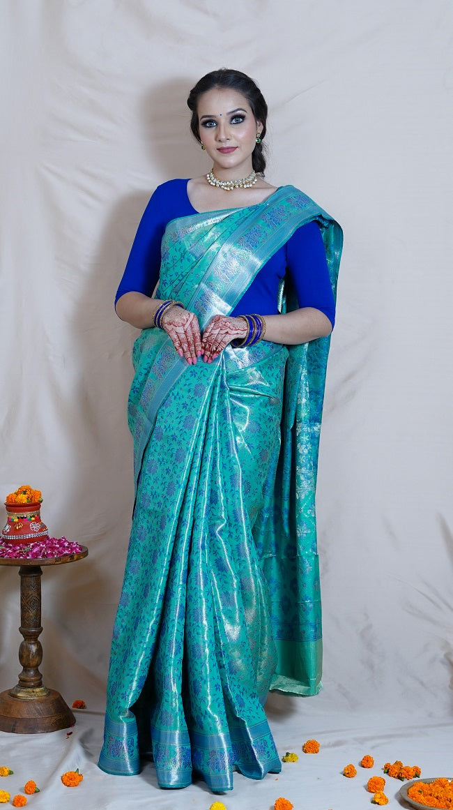 Blue Colour Attire Look Saree,Exclusive Contrast Blouse,Party Wear Sar