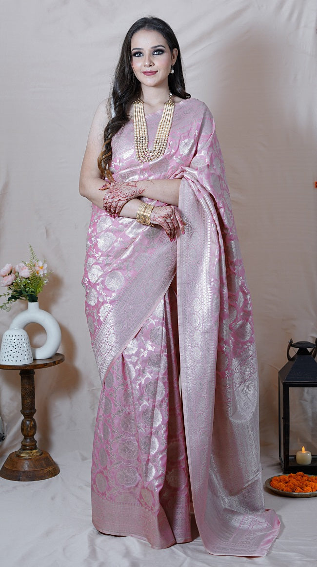 Multi Color Pastel Handloom Pure Banarasi Silk Saree With Yellow Pallu –  BharatSthali