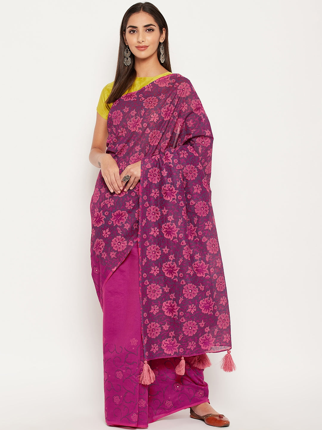 Magenta hand block printed semi silk saree with mirror work