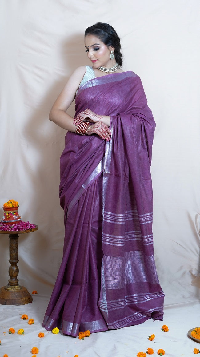 HANDLOOM COTTON SAREE IN PURPLE TONE WITH SILVER ZARI BORDER