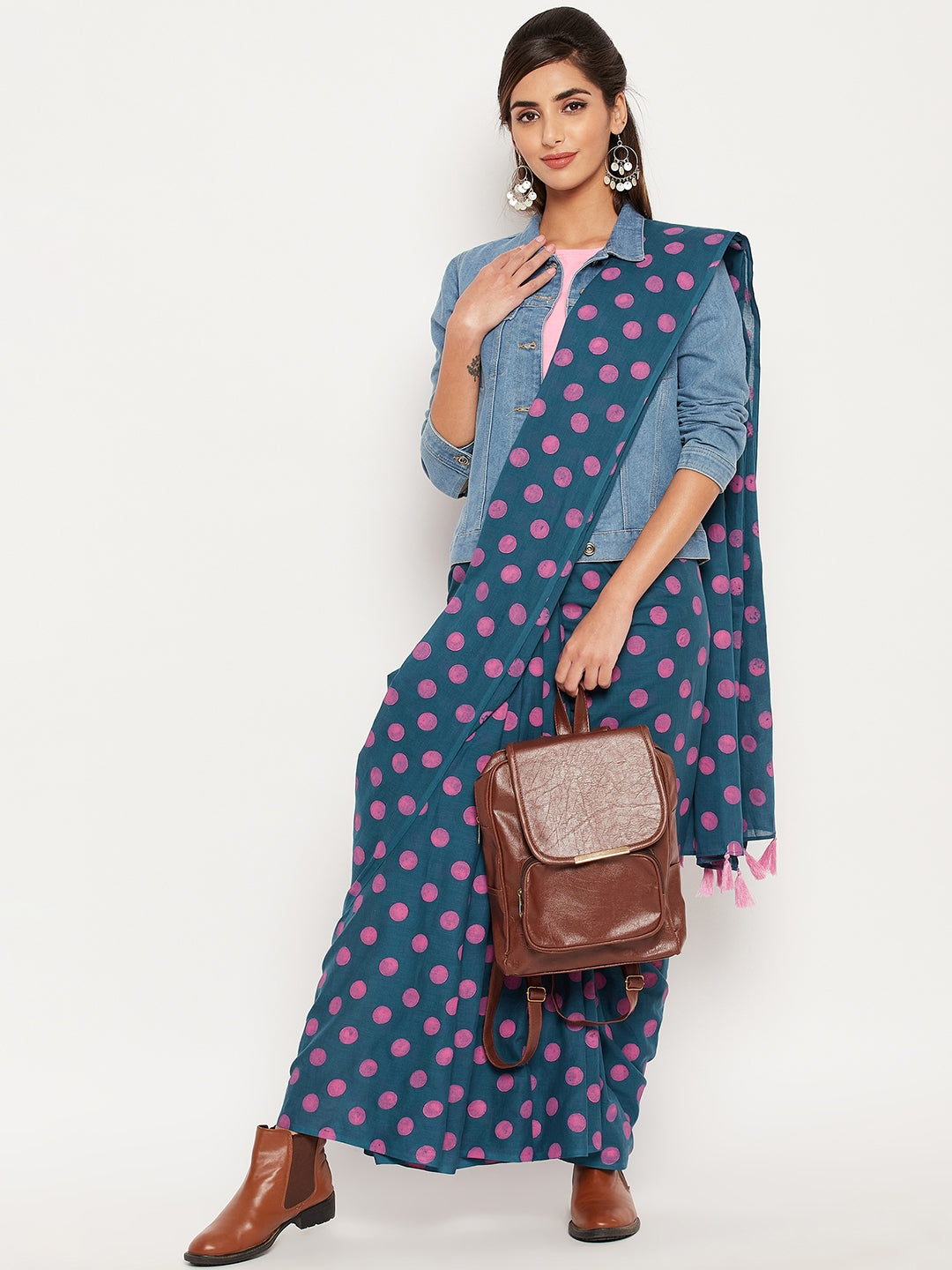 Blue polka hand block printed cotton saree