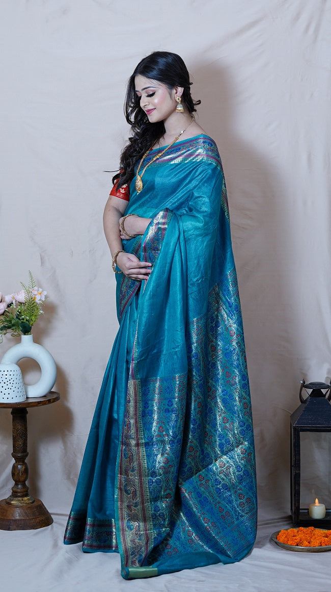 TUSSAR SILK SAREE IN CERULEAN BLUE WITH MULTICOLORED BORDER AND PALLU