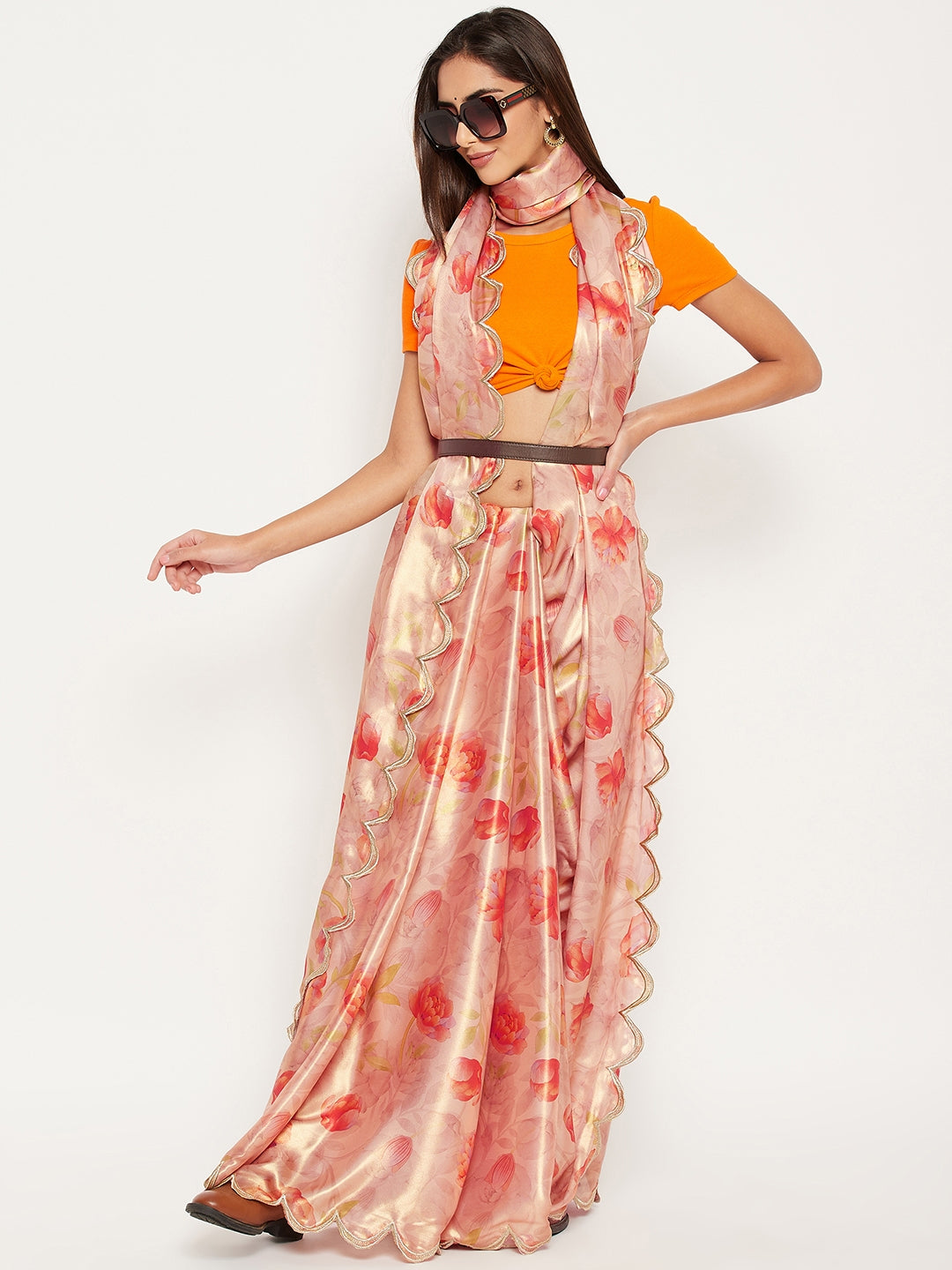 Peach digital print saree with orange floral motifs