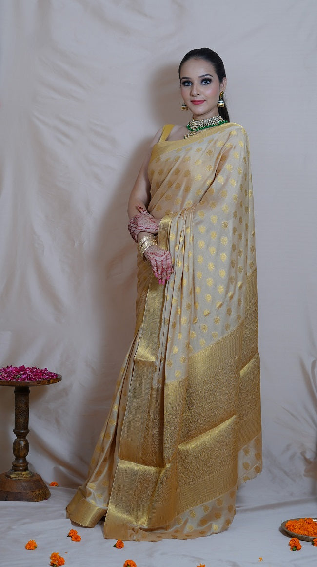 IVORY GOLD CHIFFON SILK SAREE WITH ALL OVER MOTIFS