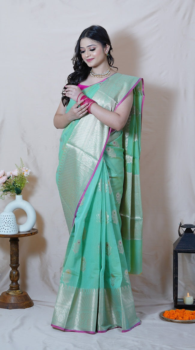 SEA GREEN SHADE SEMI SILK SAREE WITH ANTIQUE GOLD FLORAL MOTIFS