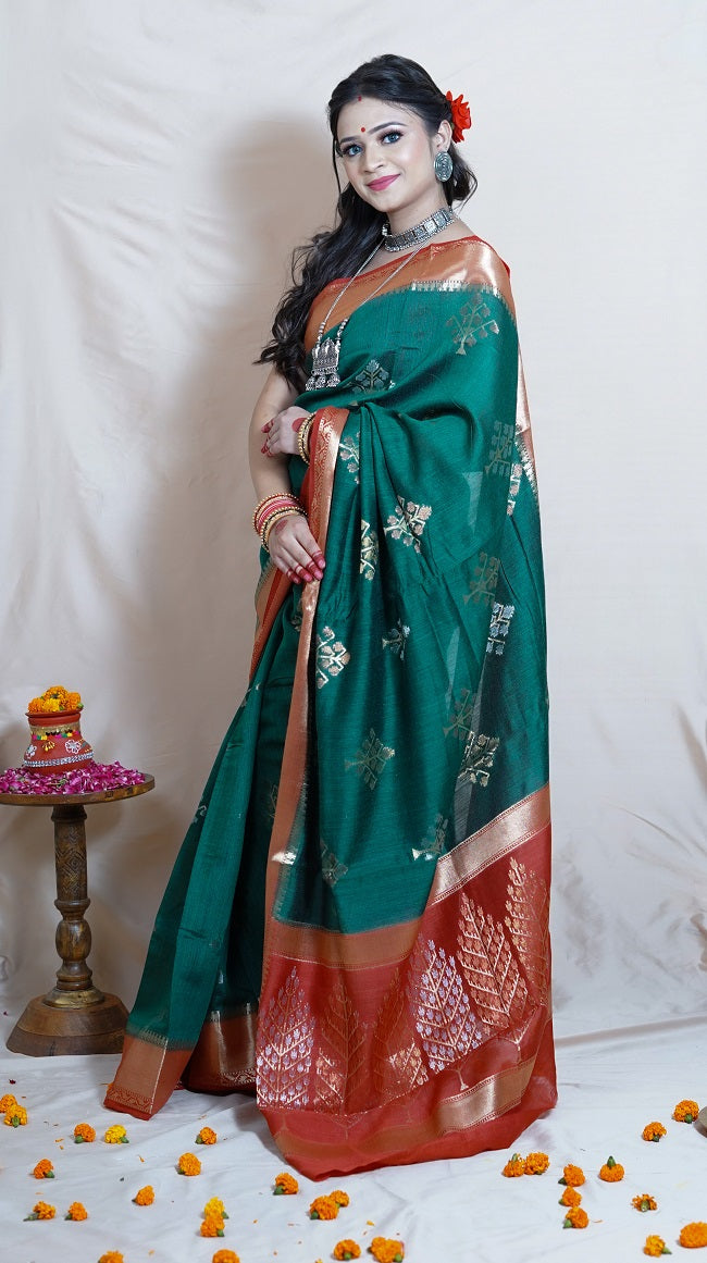 BOTTLE GREEN AND RED SEMI SILK SAREE WITH ANTIQUE GOLD MOTIFS