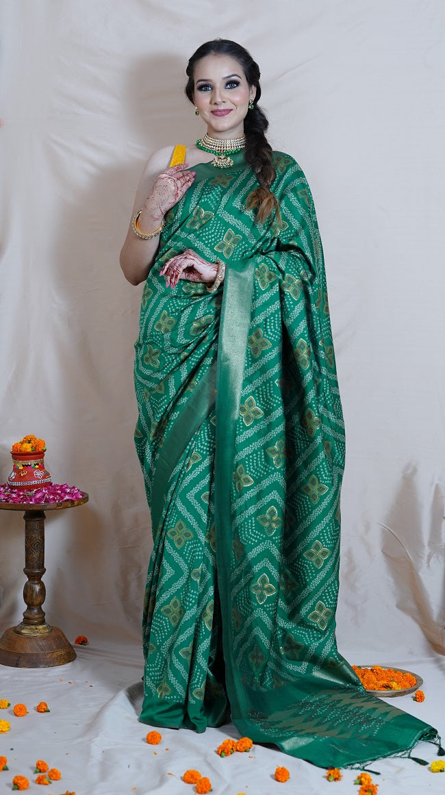 SEMI SILK BANDHNI SAREE IN GREEN TONE