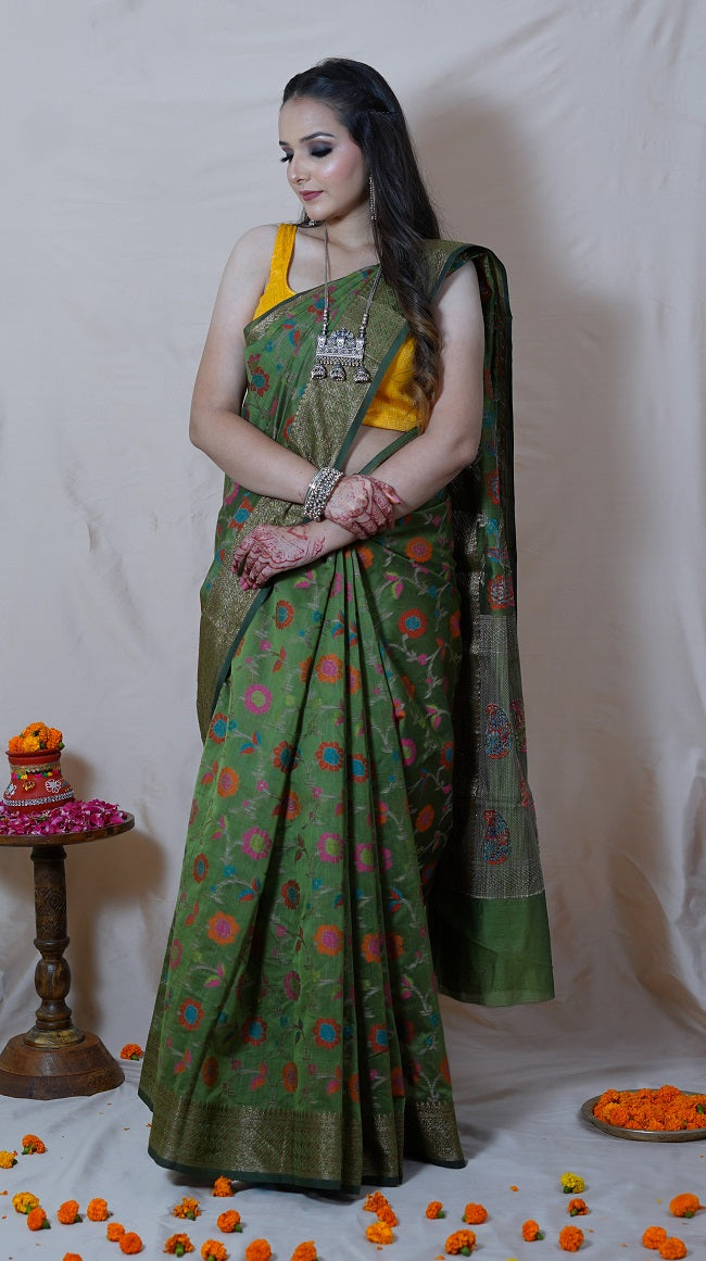 OLIVE GREEN SAREE WITH MULTICOLORED FLORAL DESIGN