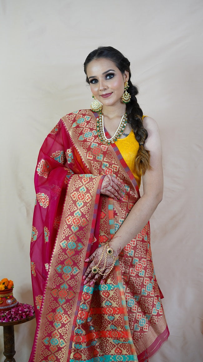 PINK SEMI SILK SAREE WITH MULTICOLORED MOTIFS AND HEAVY PALLU