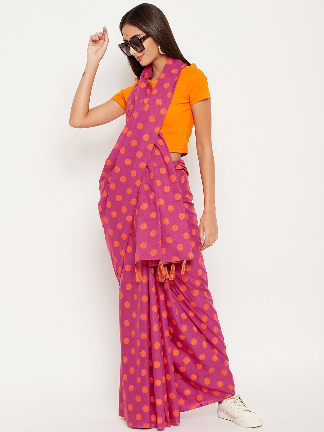 Pink polka hand block printed saree in cotton