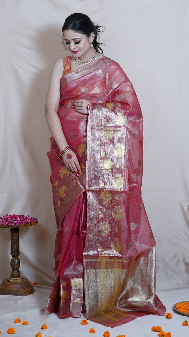 ONION PINK TISSUE SAREE WITH ALL OVER ANTIQUE GOLD ZARI MOTIFS