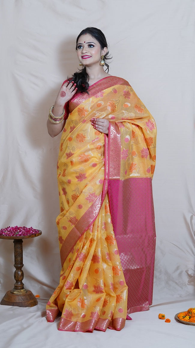 MUSTARD YELLOW KOTA SILK SAREE WITH PINK FLORAL MOTIFS