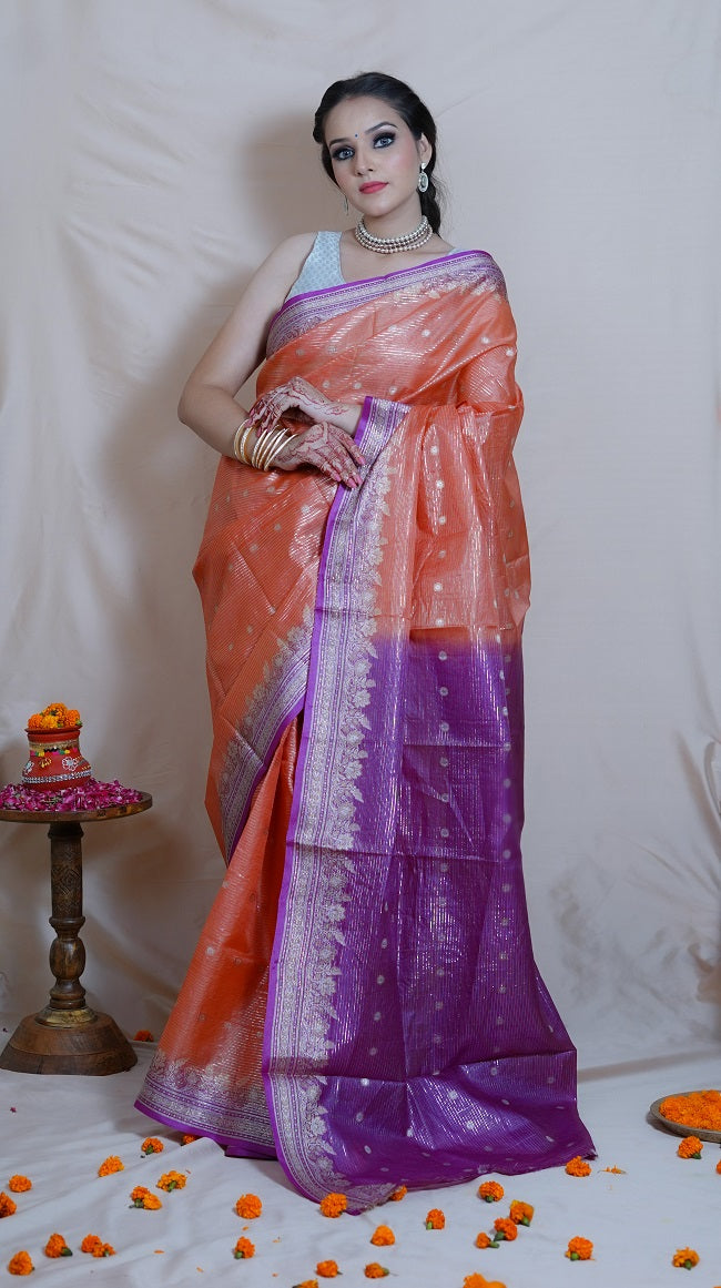 TISSUE SILK SAREE IN CORAL PINK AND PURPLE OMBRE