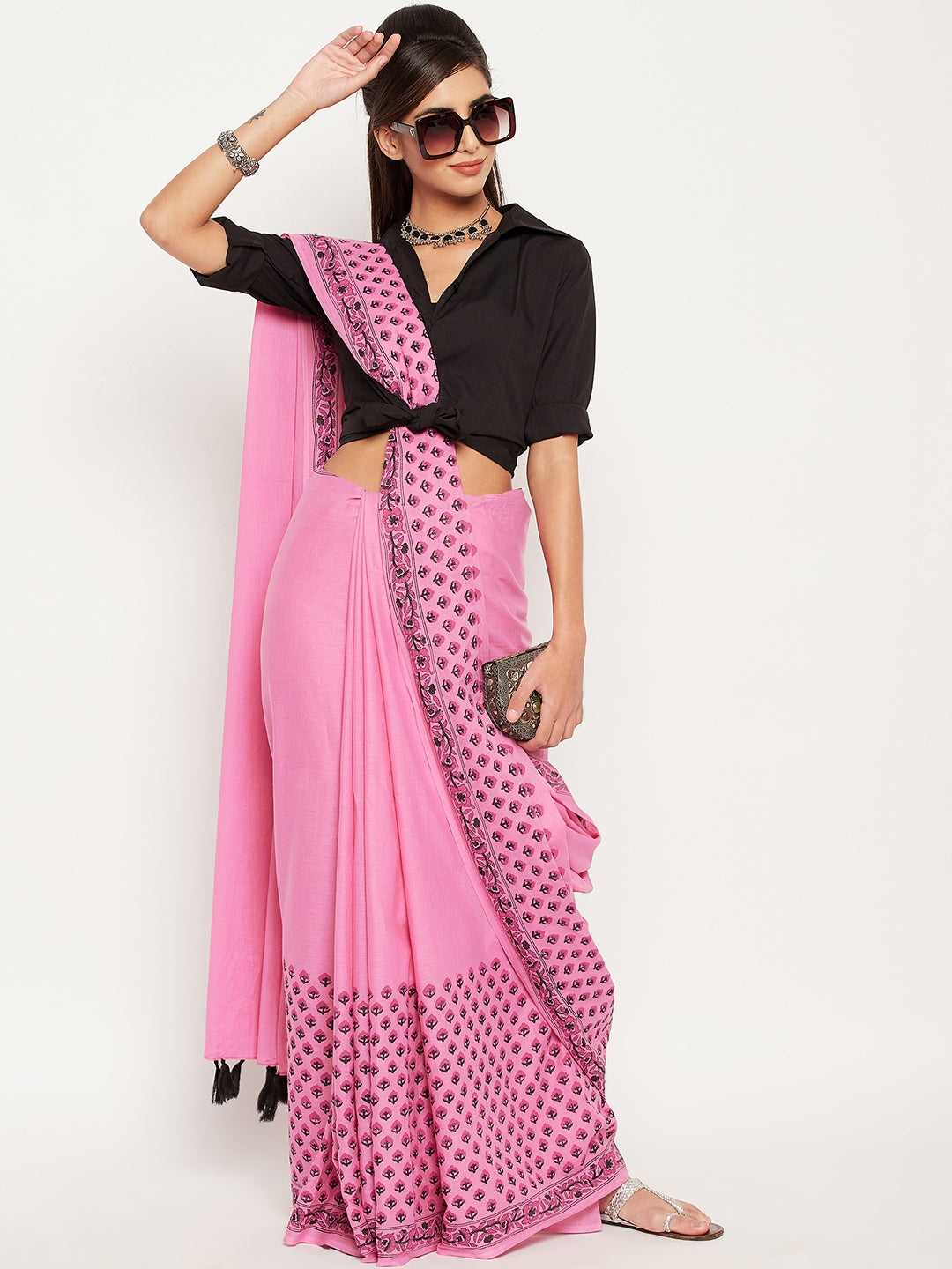 Pink hand block printed cotton saree