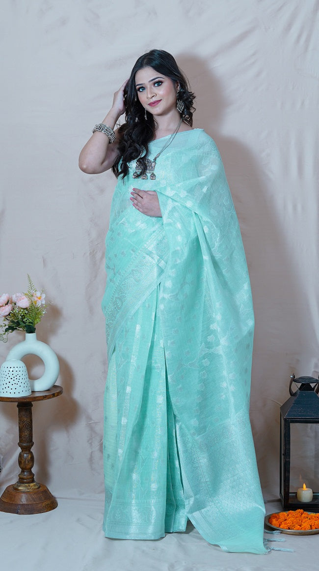 SOFT COTTON LUREX SAREE IN ICE GREEN COLOR WITH SILVER ZARI WORK ALL OVER