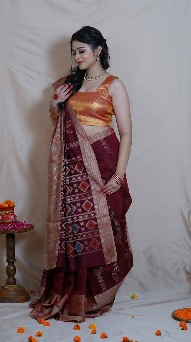 SEMI SILK SAREE IN BURGUNDY SHADE WITH MULTICOLORED BORDER