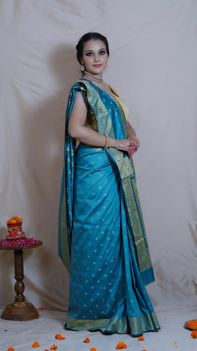 BLUE AND GOLD SAREE WITH TRADITIONAL MOTIFS AND BORDER