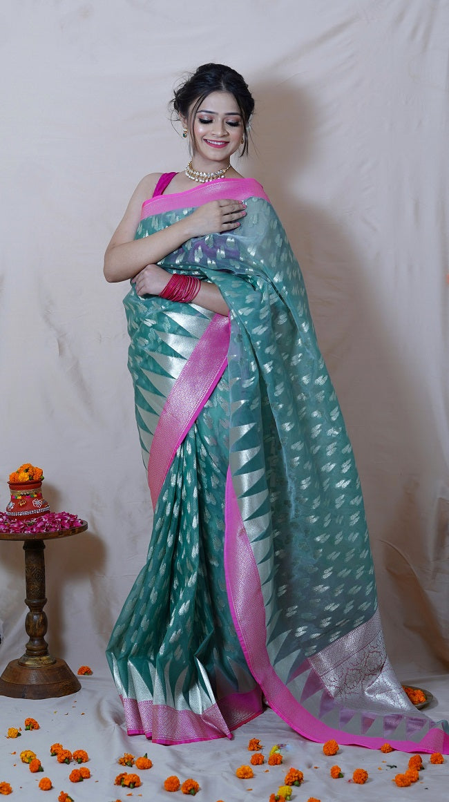 MINT GREEN ORGANZA SAREE WITH CONTRAST PINK BORDER