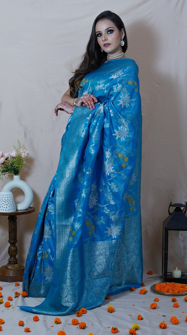 BLUE BANARASI SAREE WITH ALL OVER FLORAL JAAL DESIGN IN GOLD AND YELLOW