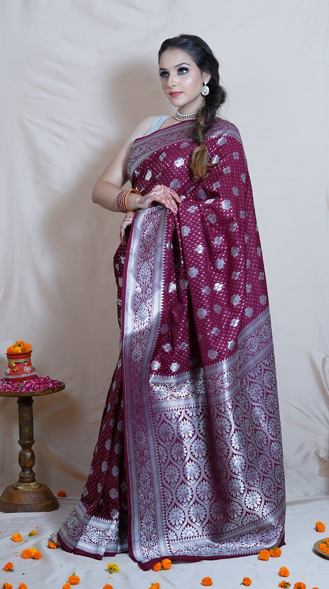 MAROON BANARASI SAREE WITH ALL OVER SILVER ZARI WORK