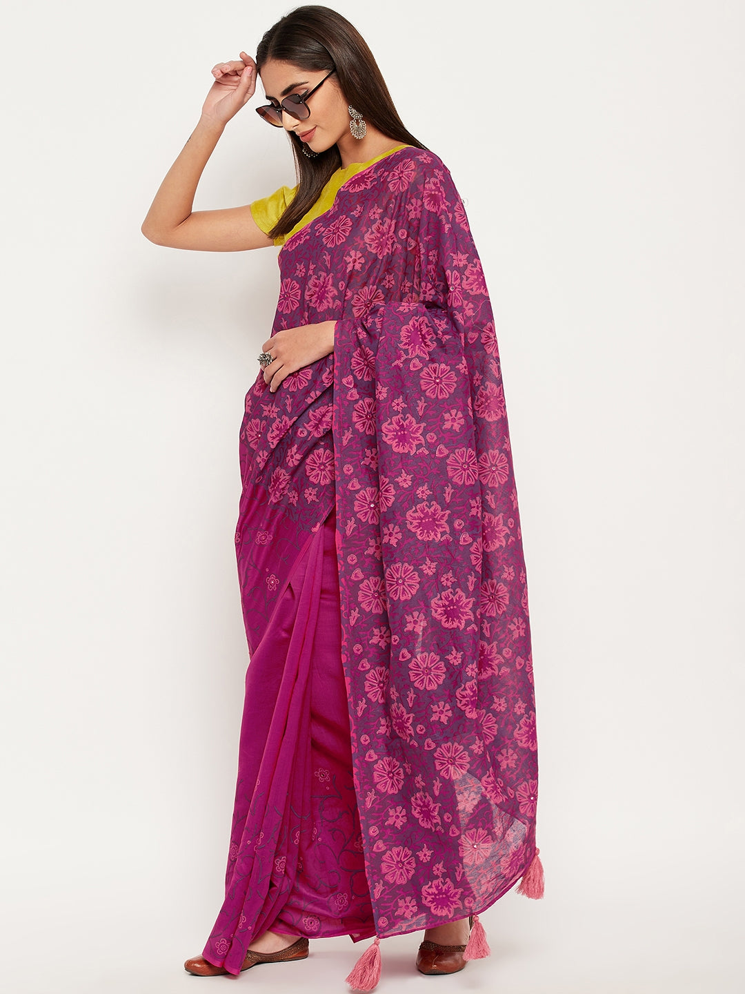 Magenta hand block printed semi silk saree with mirror work