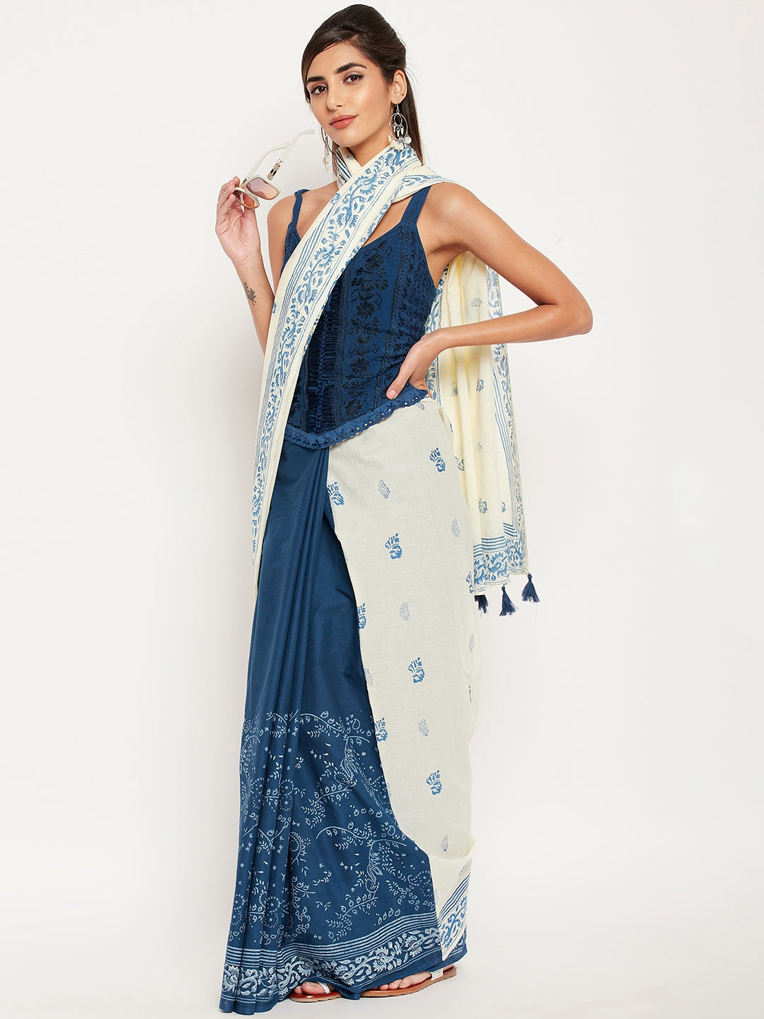 Blue and white hand block printed cotton saree