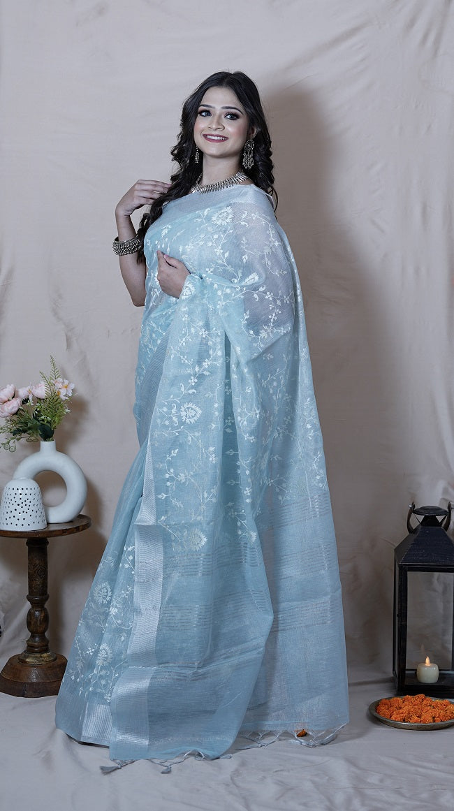 ICE BLUE SHADE EMBROIDERED SAREE IN COTTON LUREX