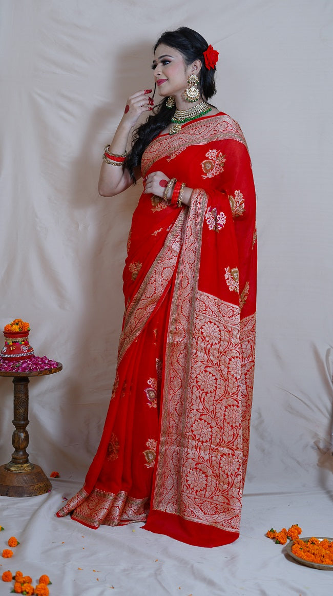 SILK GEORGETTE SAREE IN CRIMSON RED WITH BEAUTIFUL ALL OVER BUTI WORK