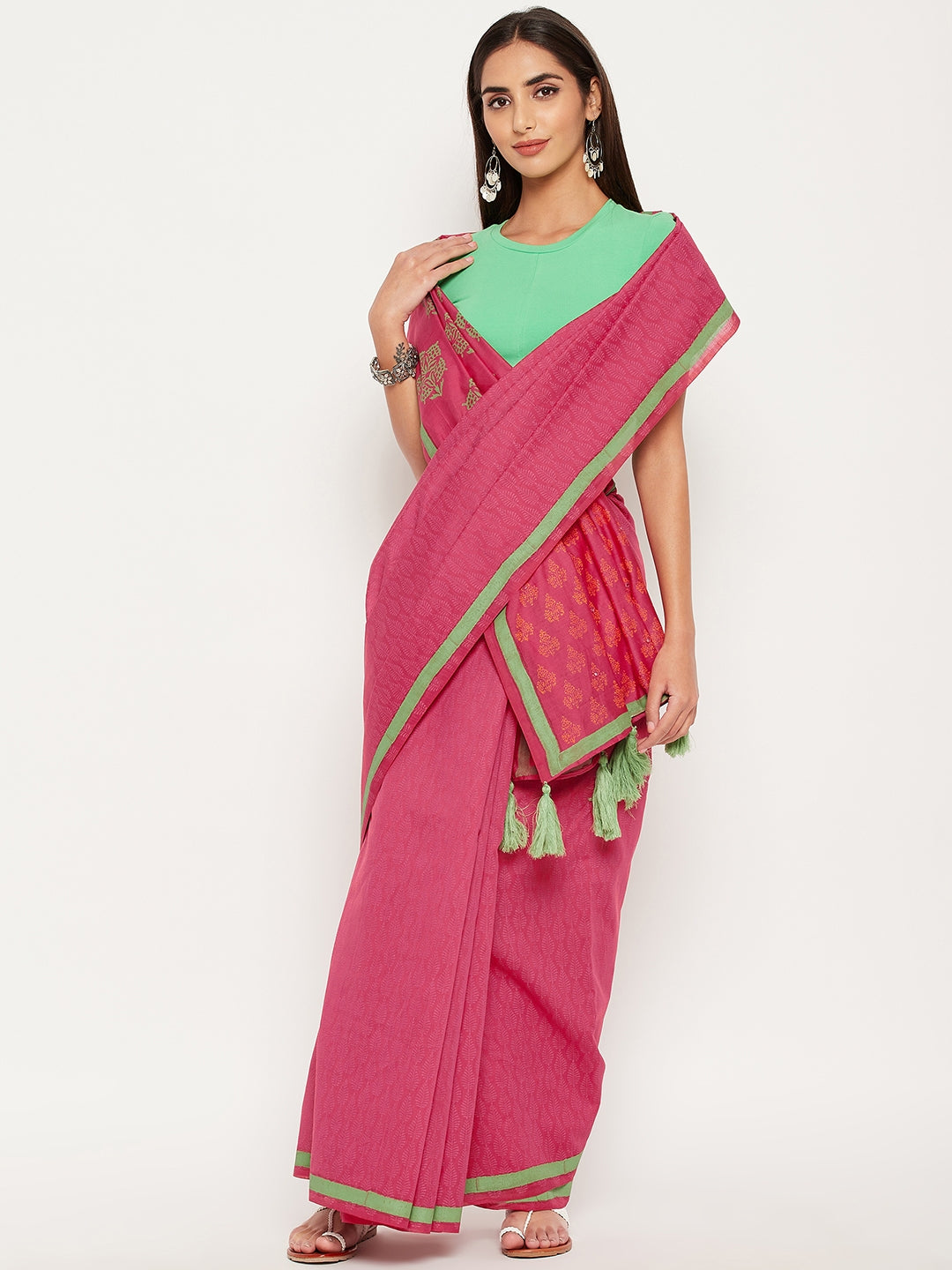 Pink hand block printed semi silk saree with mirror work