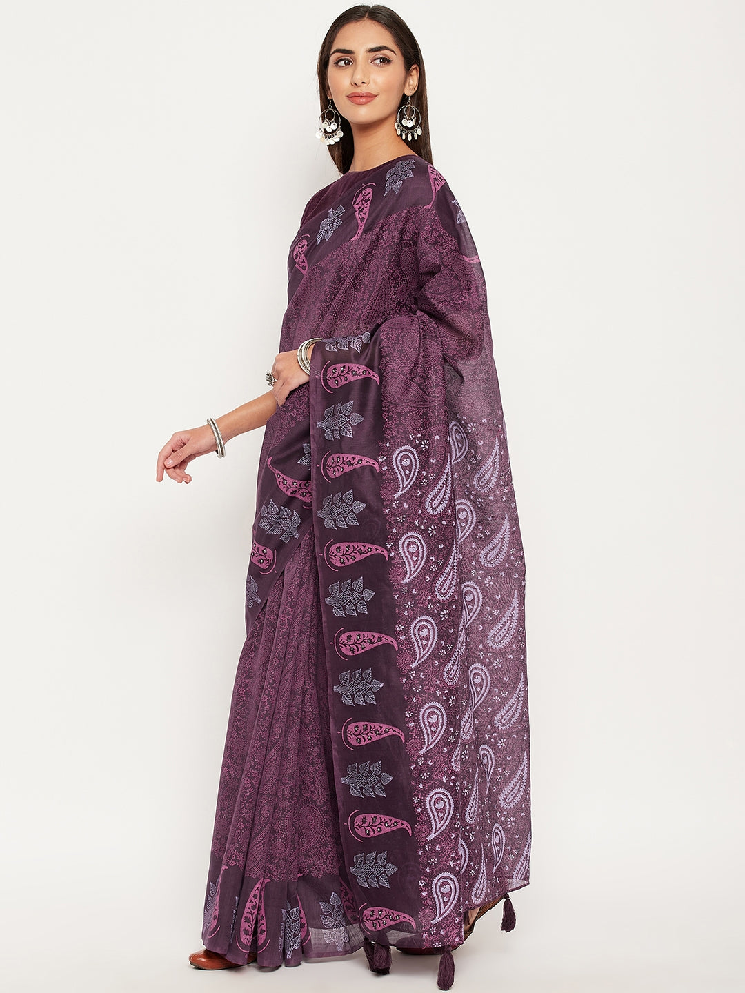 Purple hand block printed semi silk saree with sequin work