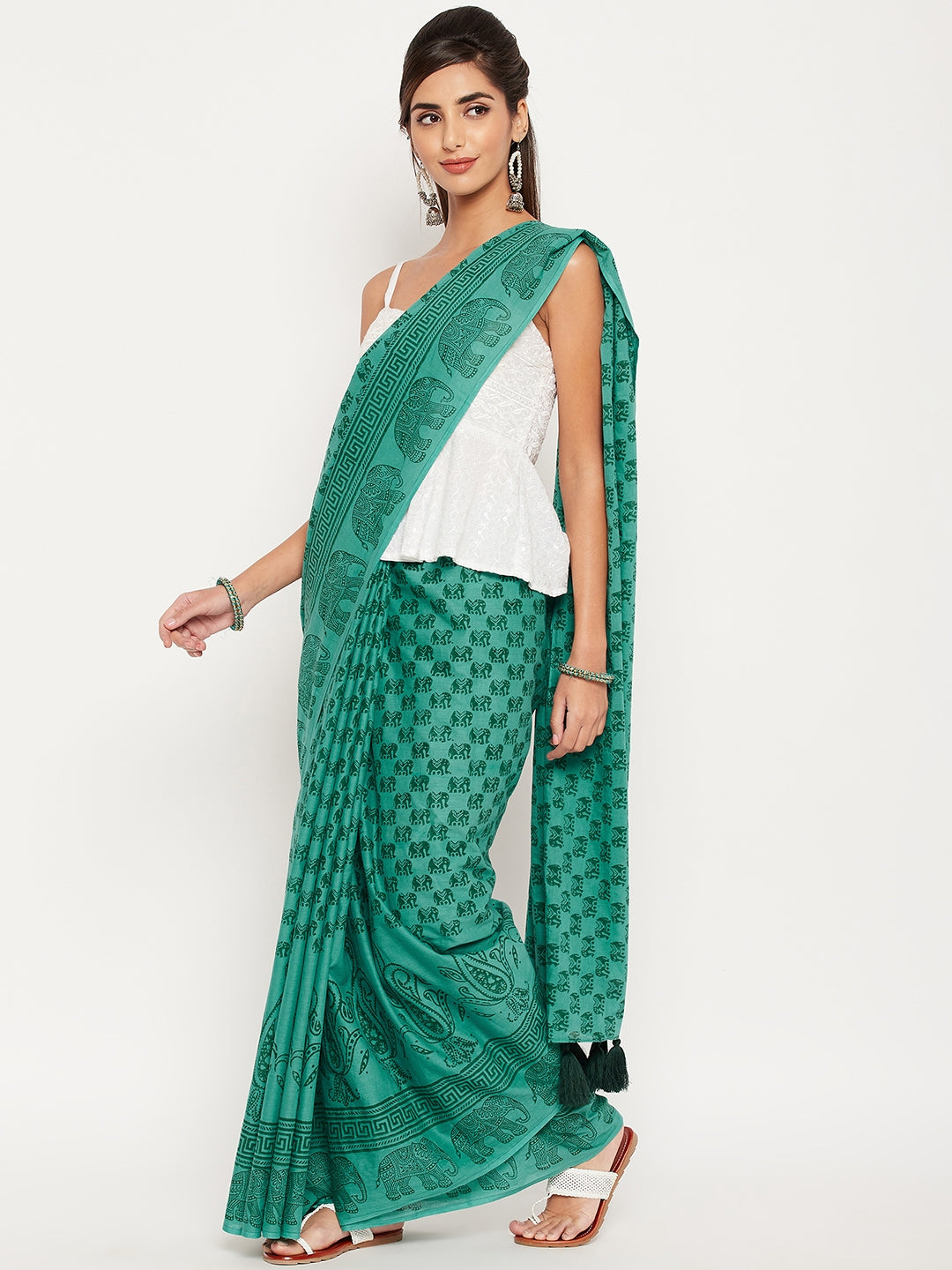 Green hand block printed cotton saree