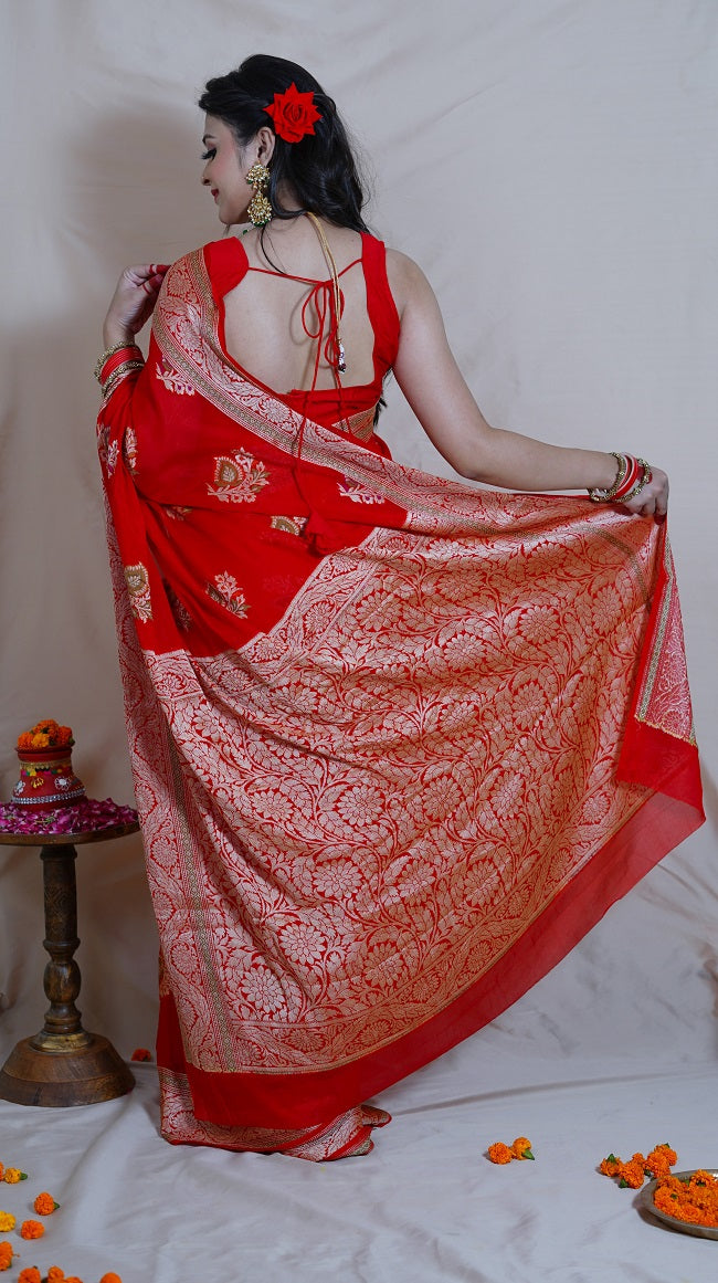 SILK GEORGETTE SAREE IN CRIMSON RED WITH BEAUTIFUL ALL OVER BUTI WORK