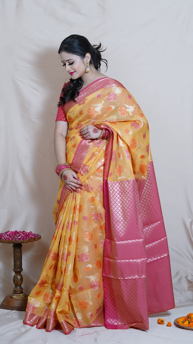 MUSTARD YELLOW KOTA SILK SAREE WITH PINK FLORAL MOTIFS