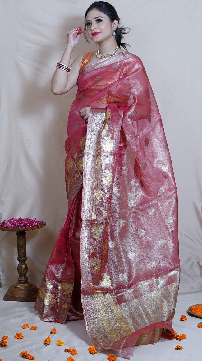 ONION PINK TISSUE SAREE WITH ALL OVER ANTIQUE GOLD ZARI MOTIFS