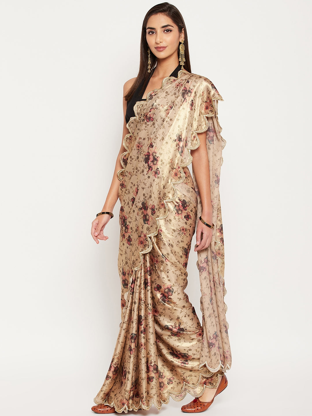 Beige digital print saree with multicolored floral motifs