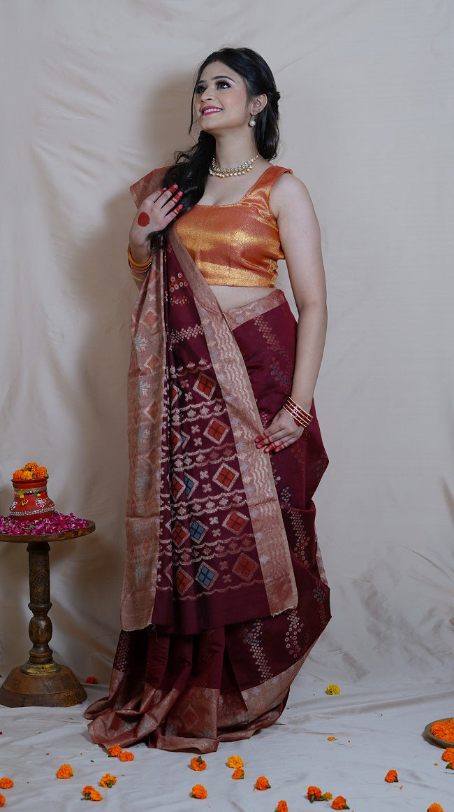 SEMI SILK SAREE IN BURGUNDY SHADE WITH MULTICOLORED BORDER