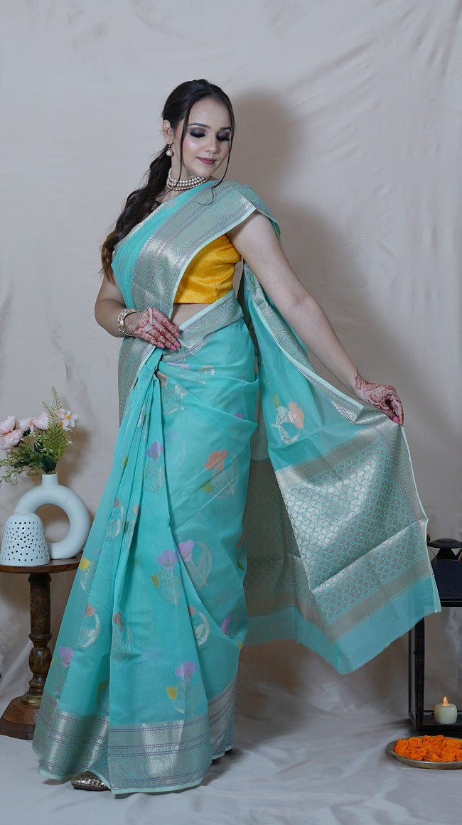 Silk patola printed saree in turquoise blue - G3-WSA54502 | G3fashion.com