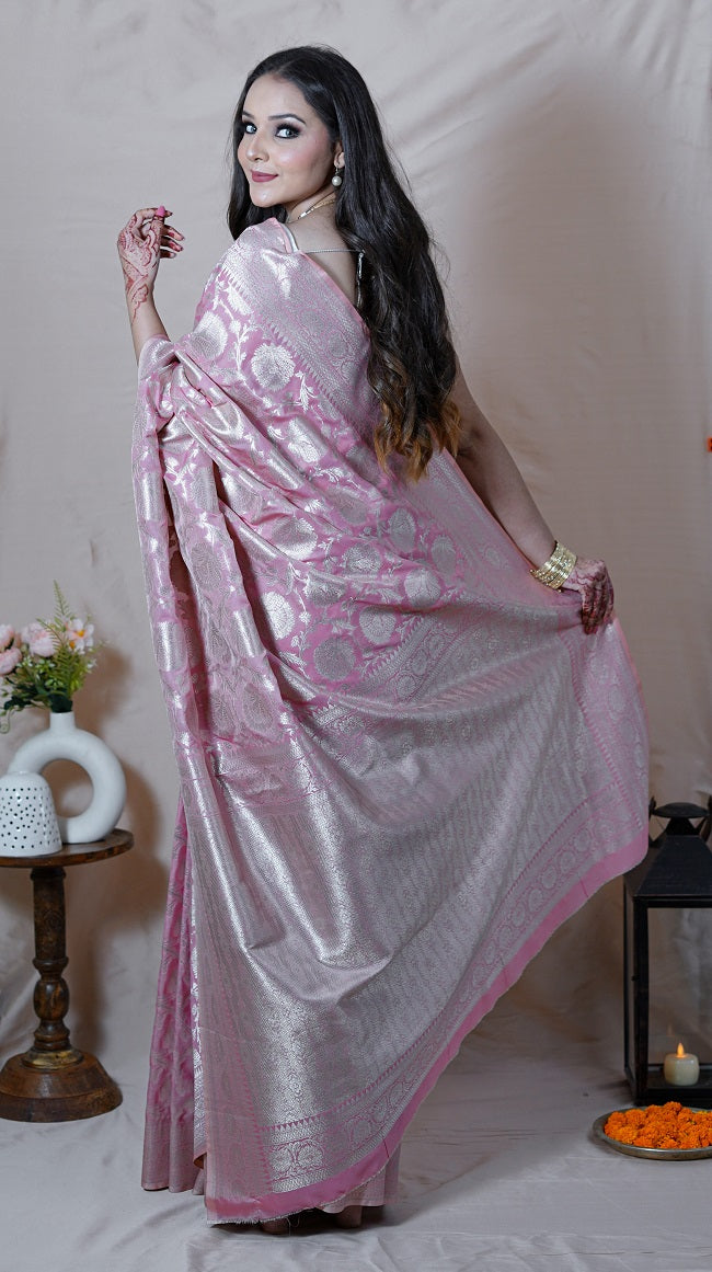 Multi Color Peach Pastel Handloom Pure Banarasi Silk Saree. – BharatSthali