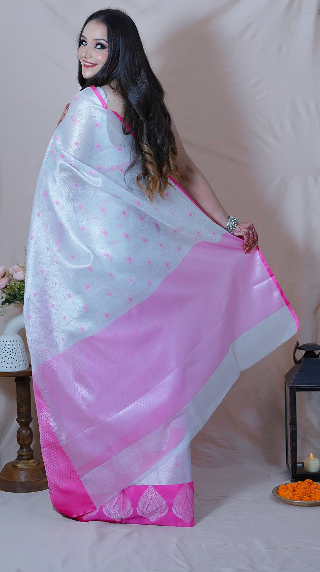 SILVER WHITE SAREE WITH CONTRAST PINK BORDER