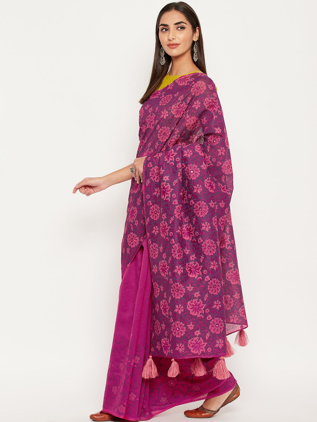 Magenta hand block printed semi silk saree with mirror work