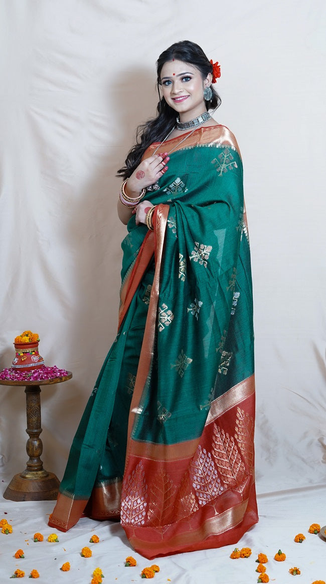 BOTTLE GREEN AND RED SEMI SILK SAREE WITH ANTIQUE GOLD MOTIFS