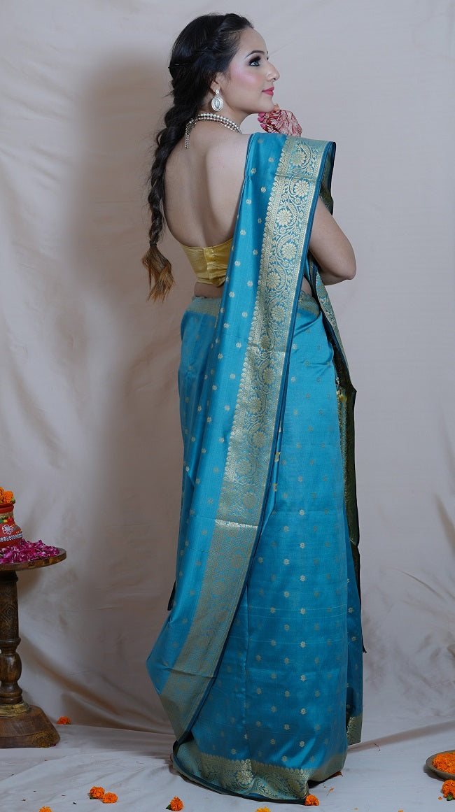 BLUE AND GOLD SAREE WITH TRADITIONAL MOTIFS AND BORDER