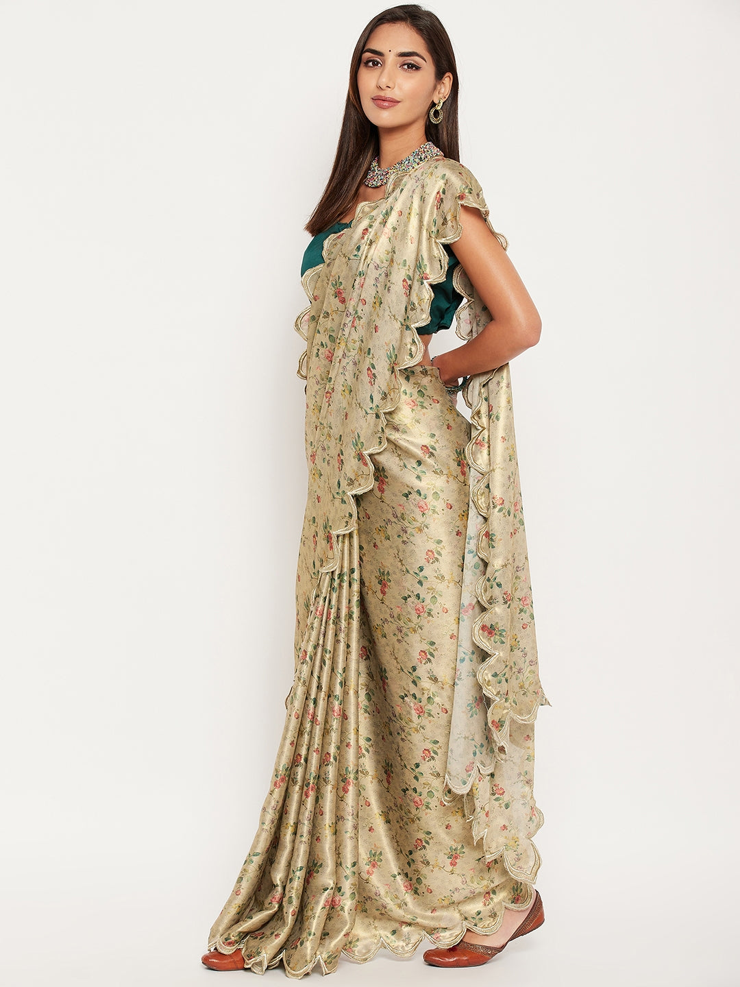 Beige digital print saree with multicolored floral motifs